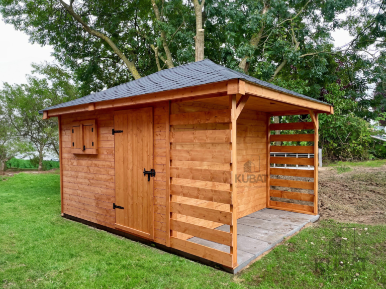 domek narzedziowy drewniany z drewutnia 3x4